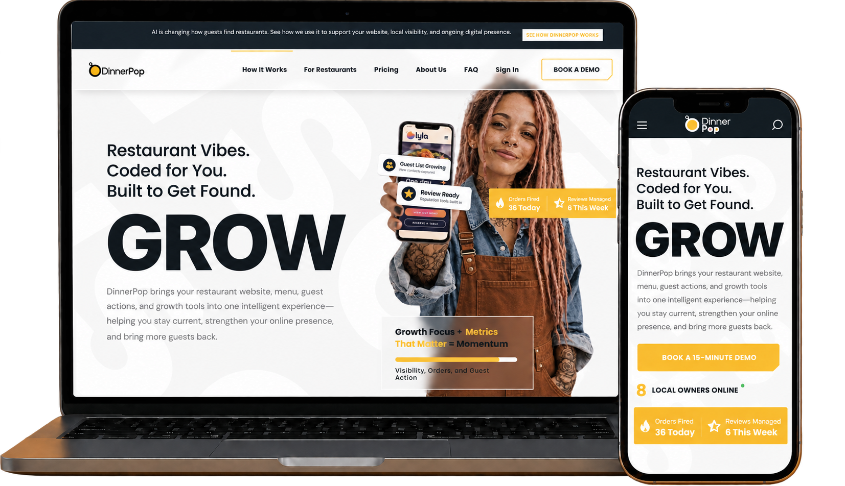 DinnerPop website displayed on desktop, tablet and phone